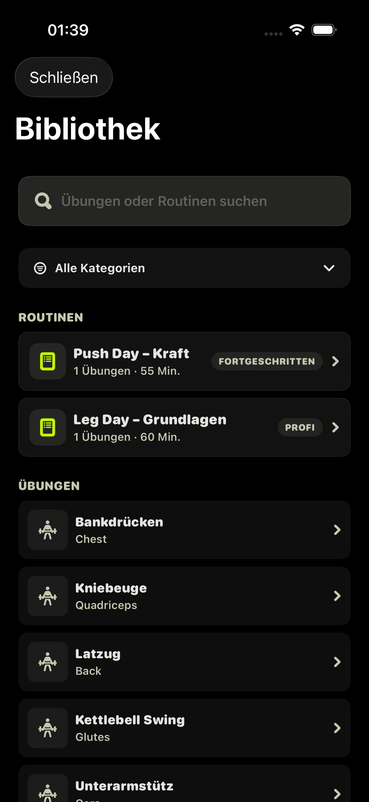 Workout-Bibliothek mit Suche, Kategorien und Routinen