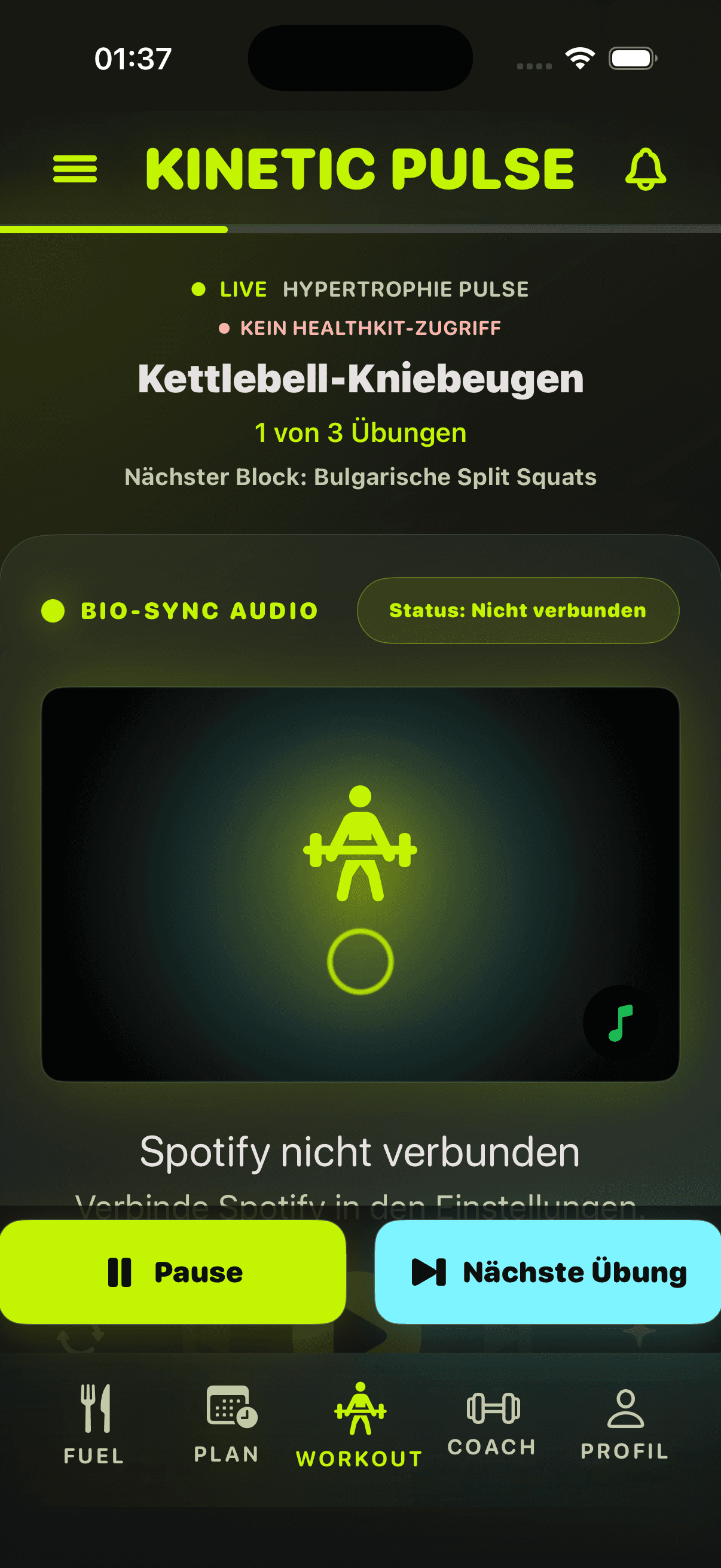 Aktives Workout mit Timer und Trainingsfortschritt
