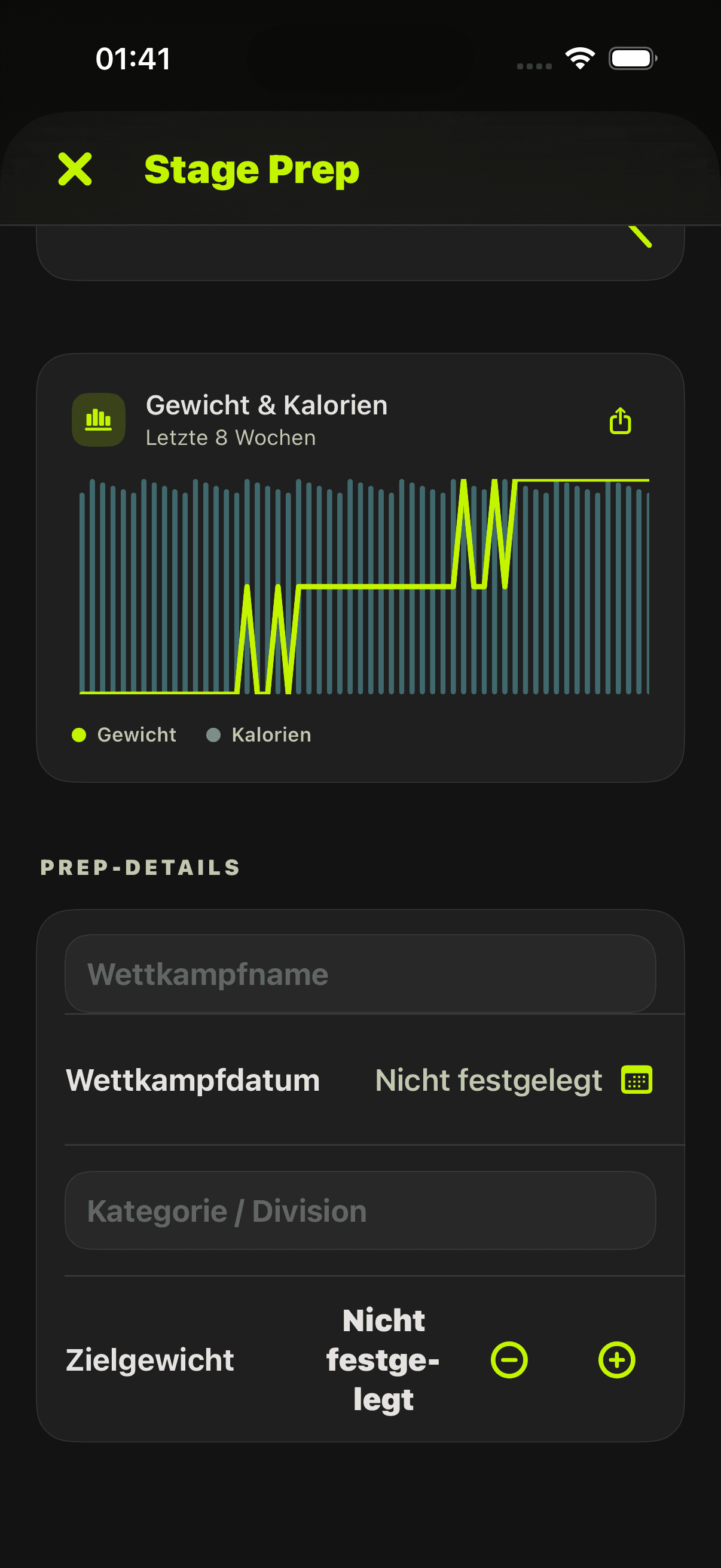 Analytics-Karte für die Off-Season mit Gewicht und Kalorien