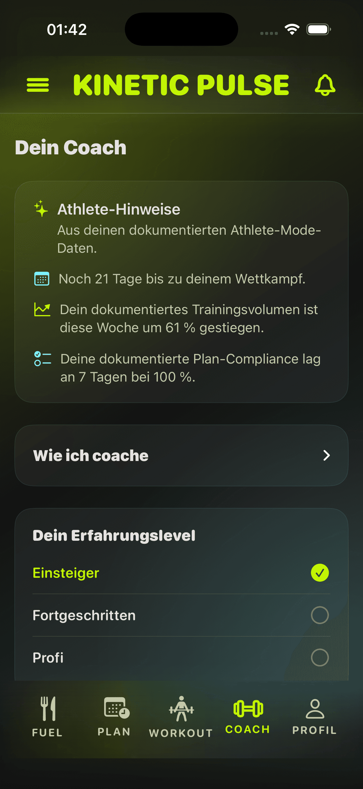 Coach-Insights-Karte mit Trainingsvolumen, Compliance und Countdown-Hinweis